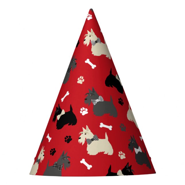 Scottish Terrier Paws and Bones Red Party Hat (Front)