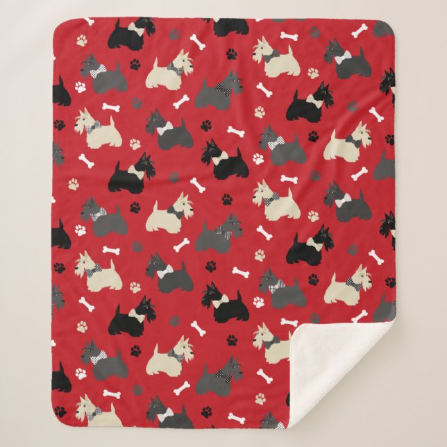 Scottish Terrier Paws and Bones Red Sherpa Blanket (Front)