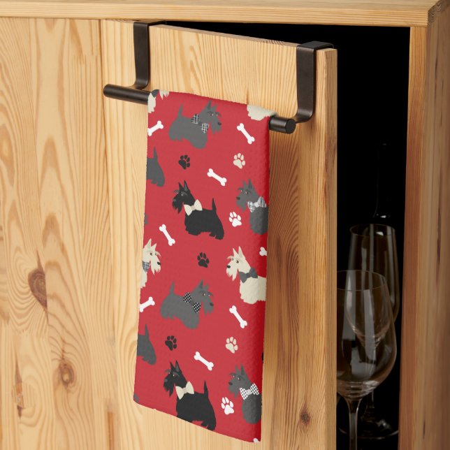 Scottish Terrier Paws and Bones Red Tea Towel (Thirds Fold)
