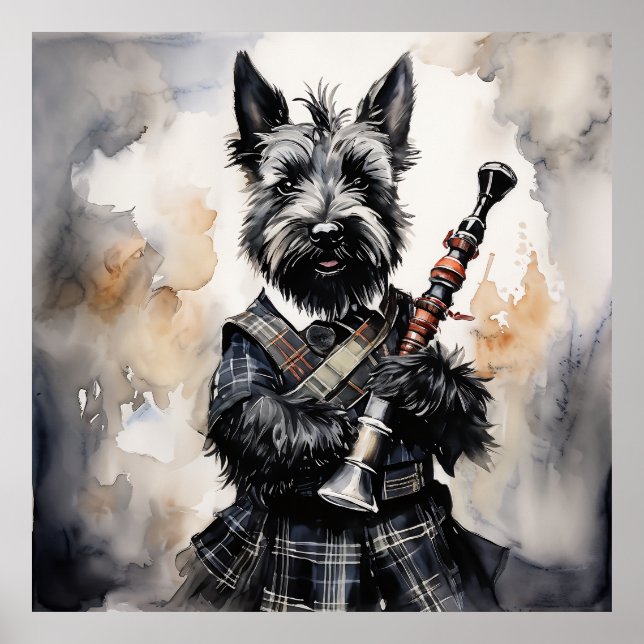 Scottish Terrier Playing-Bagpipes in a Kilt Ink Poster (Front)
