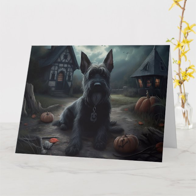 Scottish Terrier Pumpkins Halloween Scary Card (Yellow Flower)