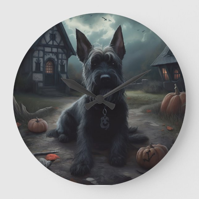 Scottish Terrier Pumpkins Halloween Scary Large Clock (Front)