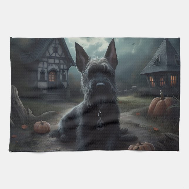 Scottish Terrier Pumpkins Halloween Scary Tea Towel (Horizontal)