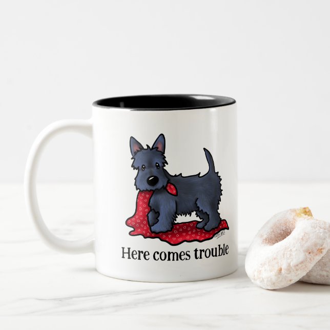 Scottish Terrier Puppy Trouble Two-Tone Coffee Mug (With Donut)