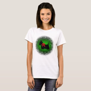 Scottish Terrier red bow, silhouette, snow, green T-Shirt