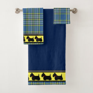 Scottish Terrier/red collar/blue plaid/border Bath Towel Set