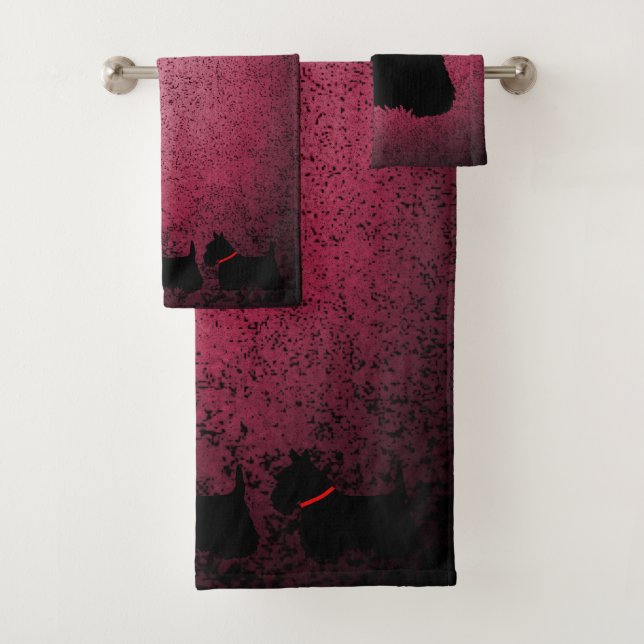 Scottish Terrier, red collar, granite pink Bath Towel Set (Insitu)