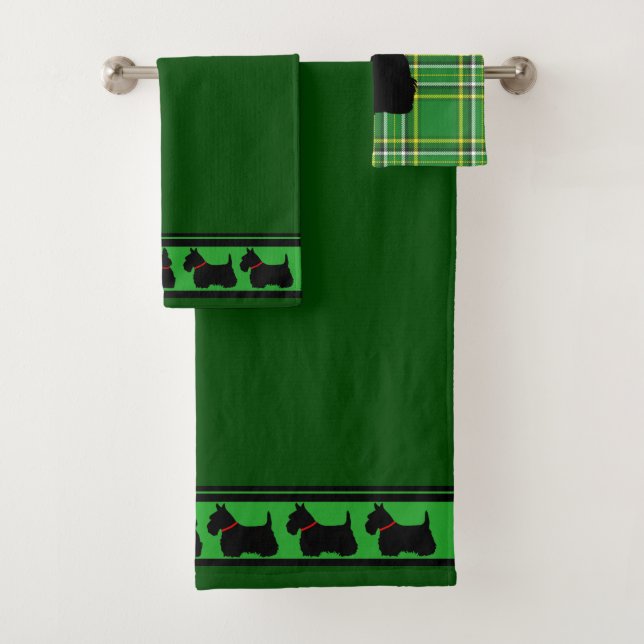 Scottish Terrier/red collar/green plaid/border Bath Towel Set (Insitu)