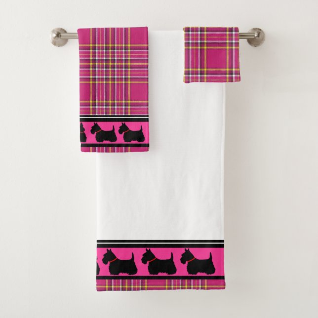 Scottish Terrier/red collar/pink plaid/border Bath Towel Set (Insitu)