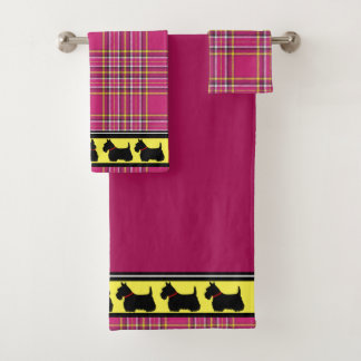 Scottish Terrier/red collar/pink plaid/border Bath Towel Set