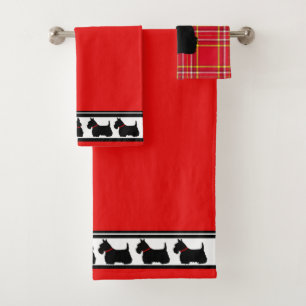 Scottish Terrier/red collar/red plaid/border Bath Towel Set