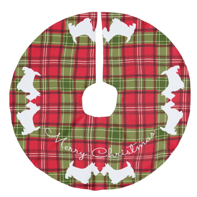 Scottish Terrier Red & Green Tartan Plaid Faux Linen Tree Skirt (Front)