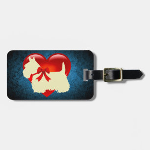 Scottish Terrier, red heart, bow, granite blue Luggage Tag