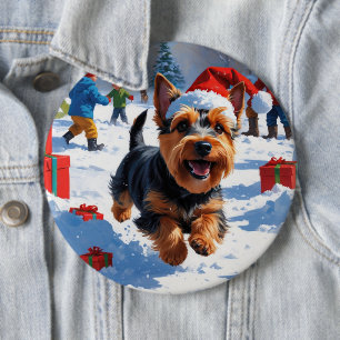 Scottish Terrier Running Snow with Christmas Hat 6 Cm Round Badge