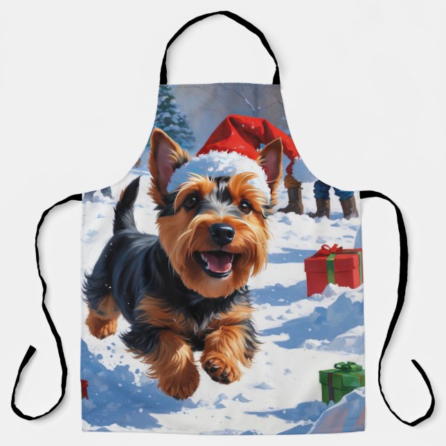 Scottish Terrier Running Snow with Christmas Hat Apron (Front)