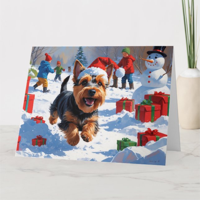 Scottish Terrier Running Snow with Christmas Hat Card (Front)