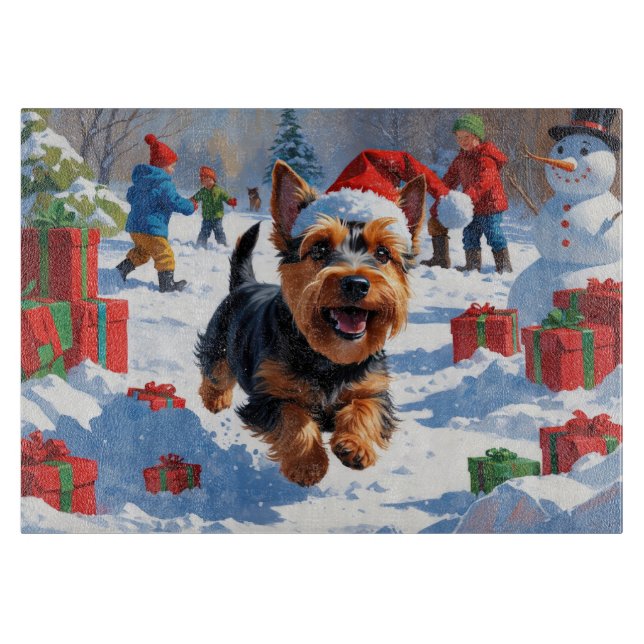 Scottish Terrier Running Snow with Christmas Hat Cutting Board (Front)