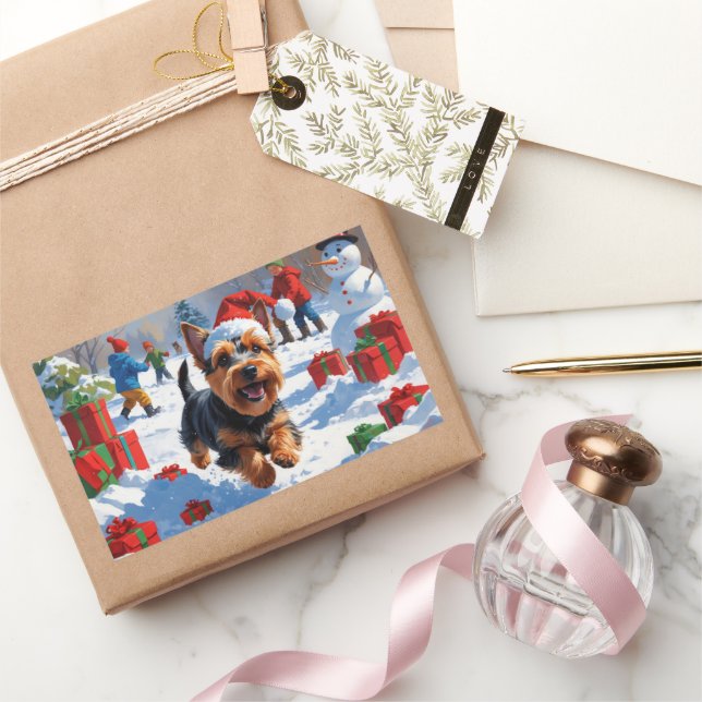 Scottish Terrier Running Snow with Christmas Hat Rectangular Sticker (Gifting)