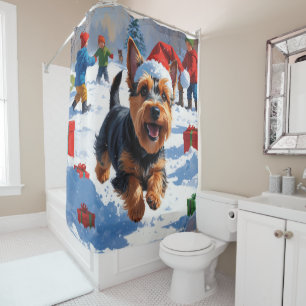 Scottish Terrier Running Snow with Christmas Hat Shower Curtain