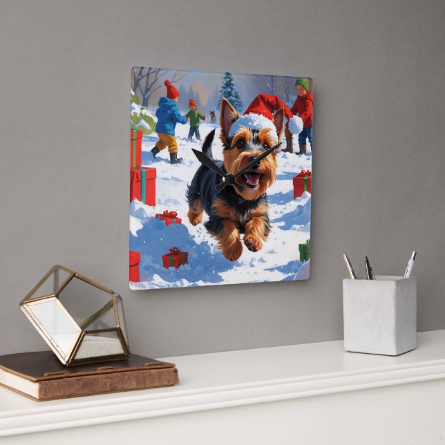 Scottish Terrier Running Snow with Christmas Hat Square Wall Clock (Office)