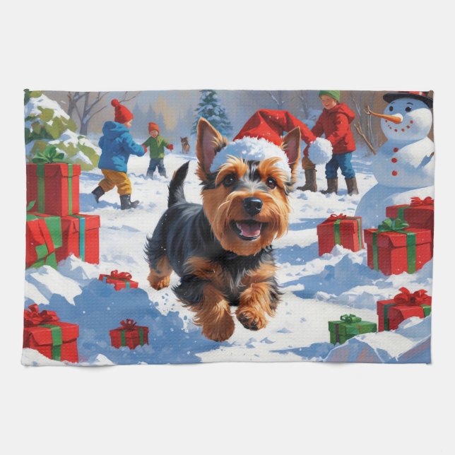 Scottish Terrier Running Snow with Christmas Hat Tea Towel (Horizontal)