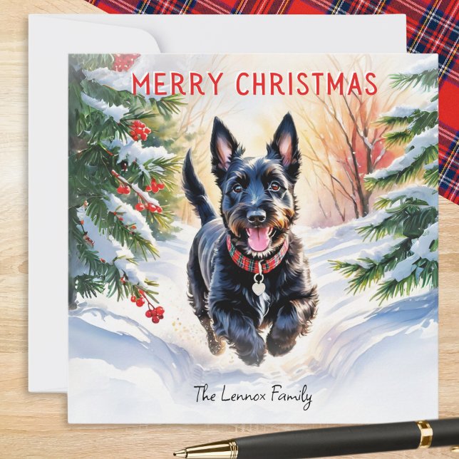 Scottish Terrier Scottie Dog In Snow Christmas Holiday Card (A Christmas card with picture of a Scottish Terrier dog running through snow, in a watercolor style)