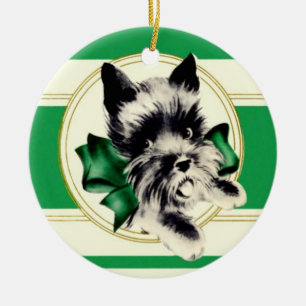 Scottish Terrier Scottie Dog  with green bow Ceramic Tree Decoration