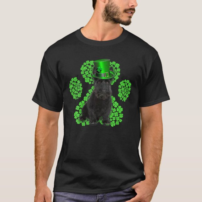 Scottish Terrier Shamrock Paw Clovers St Patrick's T-Shirt (Front)