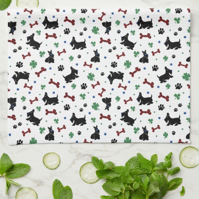 Scottish Terrier Shamrocks Fun Dog Design Tea Towel (Folded)