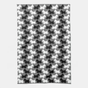 Scottish Terrier silhouette, black/white/grey Tea Towel