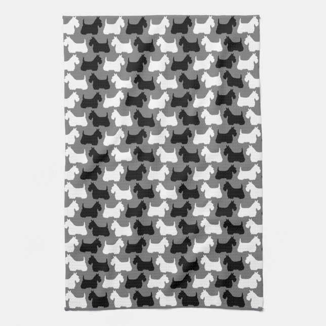 Scottish Terrier silhouette, black/white/grey Tea Towel (Vertical)