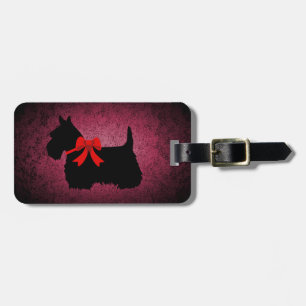 Scottish Terrier, silhouette, bow, granite pink Luggage Tag