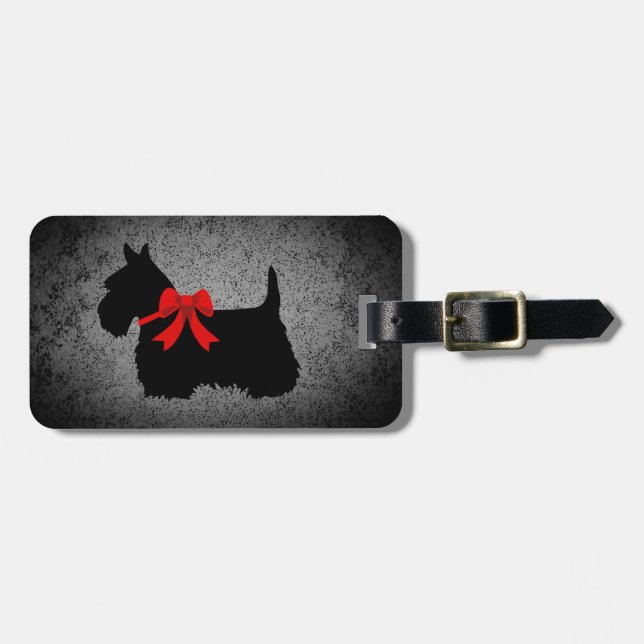 Scottish Terrier, silhouette, bow, granite silver Luggage Tag (Front Horizontal)
