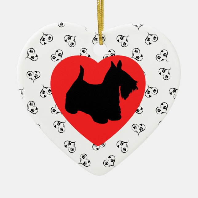 Scottish Terrier Silhouette with Hearts Ceramic Tree Decoration (Front)