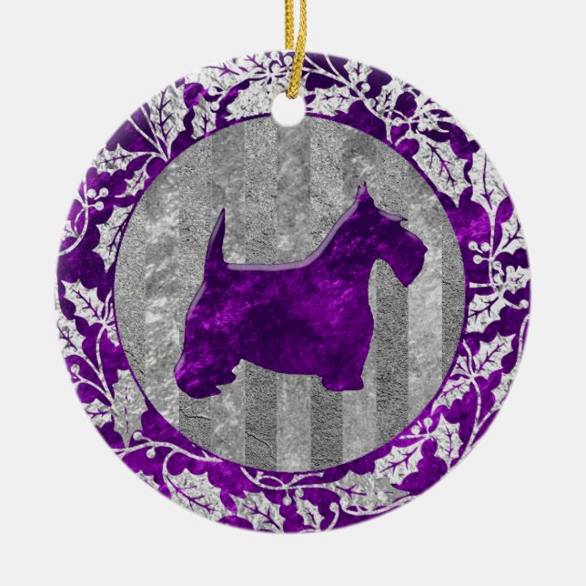 Scottish Terrier Silver Purple Glass Look Ceramic Tree Decoration (Front)