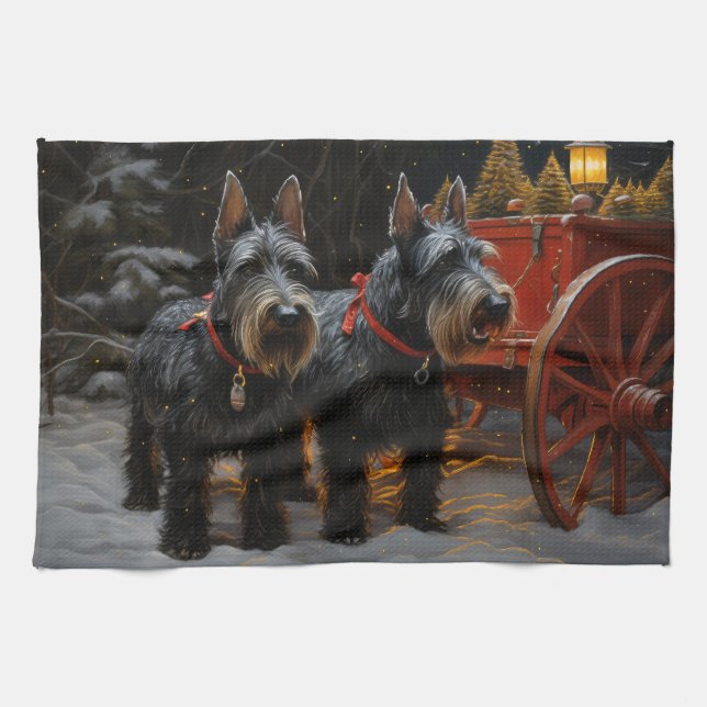 Scottish Terrier Snowy Sleigh Christmas Decor  Tea Towel (Horizontal)