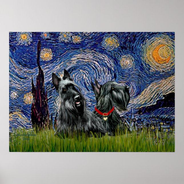 Scottish Terrier (two black) - Starry Night Poster (Front)