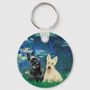 Scottish Terrier (two-BW) - Lilies 5 Key Ring