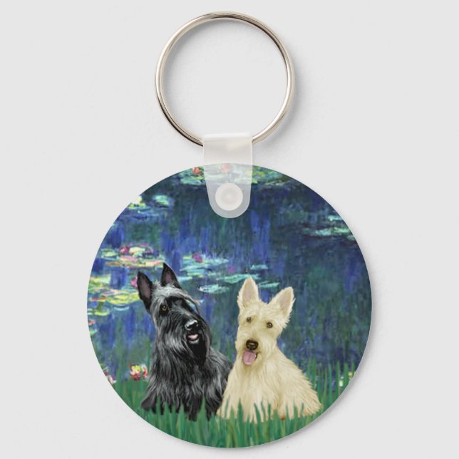Scottish Terrier (two-BW) - Lilies 5 Key Ring (Front)