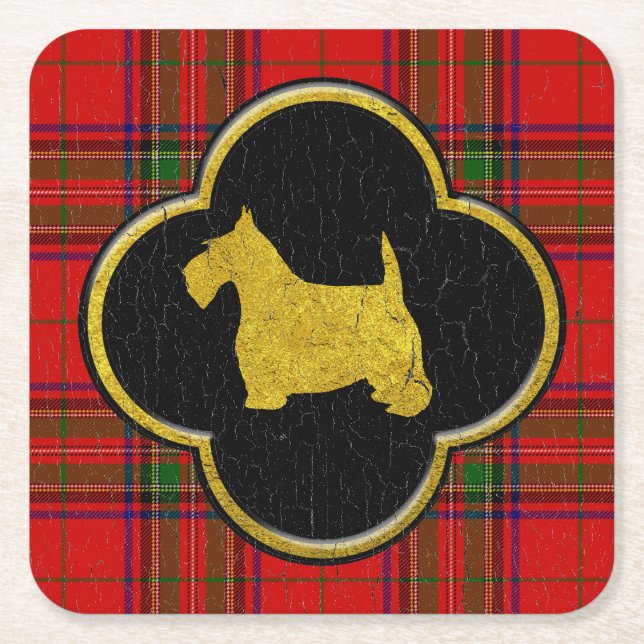 Scottish Terrier Vintage Plaid Square Paper Coaster (Front)