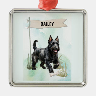 Scottish Terrier Watercolor Personalised Dog Metal Tree Decoration