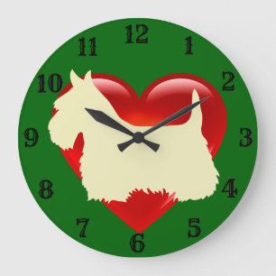Scottish Terrier white silhouette red heart/green Large Clock