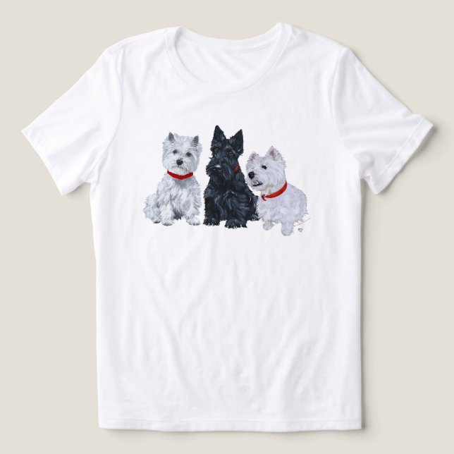 Scottish Terrier with Two Westies Tri-Blend Shirt (Design Front)
