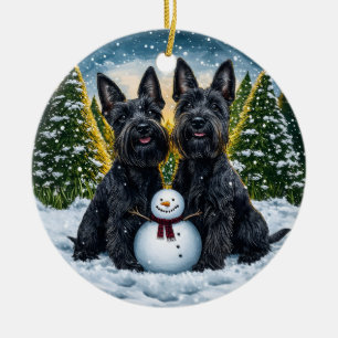 Scottish Terriers and Snowman Christmas Ceramic Tree Decoration