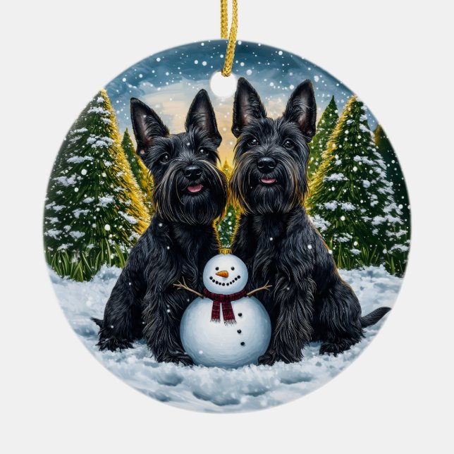 Scottish Terriers and Snowman Christmas Ceramic Tree Decoration (Front)