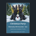 Scottish Terriers and Snowman Christmas Party Invitation Postcard<br><div class="desc">Set the tone for a festive celebration with this charming invitation postcard, featuring two adorable Scottish Terriers in a snowy winter scene. The playful pair sits beside a cheerful snowman, with the sun setting behind snow-covered trees and casting a golden glow over the landscape. Snowflakes gently fall, adding a magical...</div>