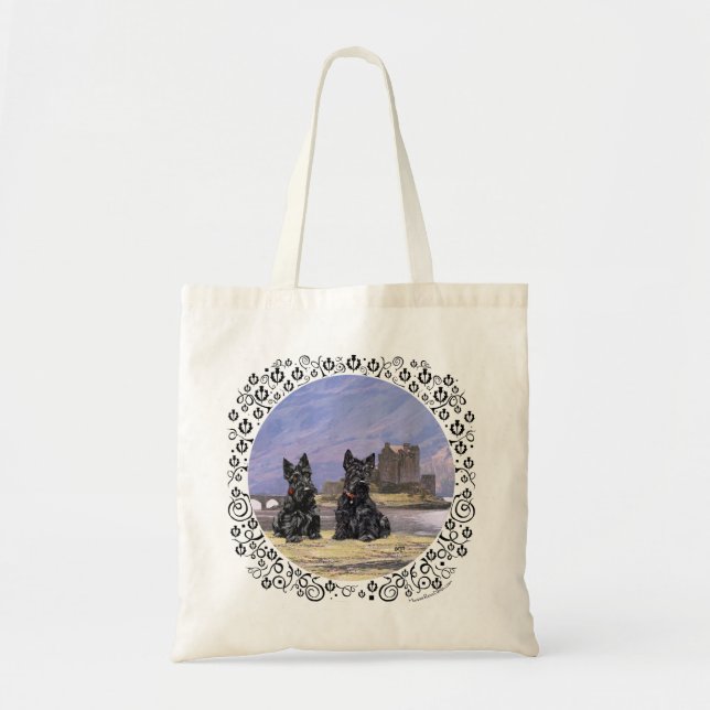 Scottish Terriers at Eilean Donan Castle Tote Bag (Front)