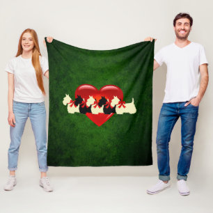Scottish Terriers, black, wheaten, heart,d green Fleece Blanket