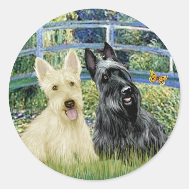 Scottish Terriers (two-BW) - Bridge Classic Round Sticker (Front)