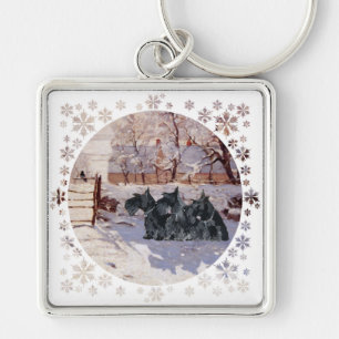 Scottish Terriers Winter Magpie Key Ring